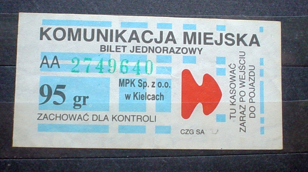 Bilety MPK ZTM Kielce bilet duża kratka 0,95 zł