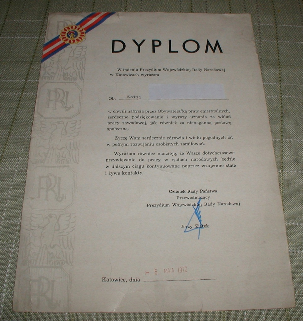 Dyplom z 1972 r podpisany przez J. Ziętka