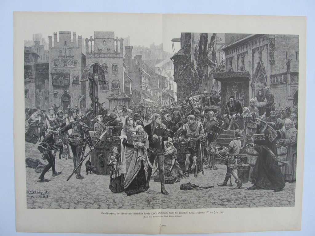ŚREDNIOWIECZE KONTRYBUCJA WOJENNA drzeworyt 1884 r