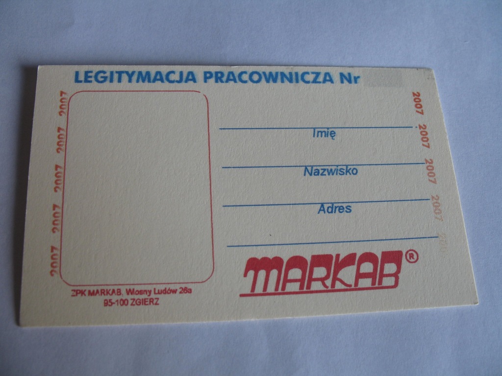 Bilet Markab Zgierz legitymacja pracownicza