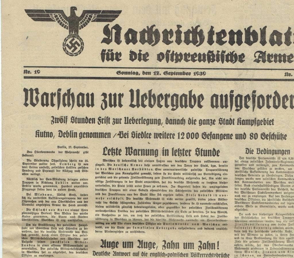 Niemiecka gazeta 1939 Warszawa prosi o kapitulacje