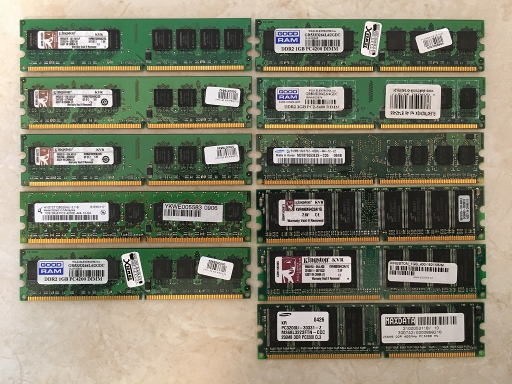 11 kości RAM DDR i DDR2 zestaw różne pojemności