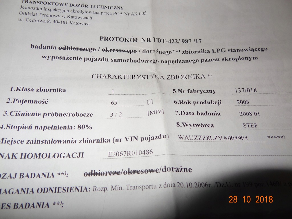 Butla/Zbiornik LPG. 65l. 02.2027r. z dokumentem