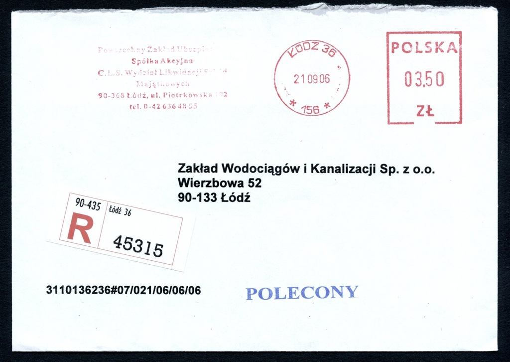 List POLECONY Łódź 36 Frankatura PZU