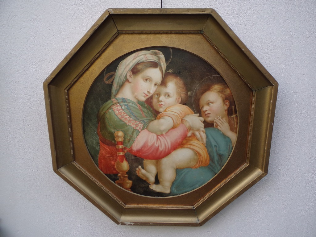 STARY OBRAZ TONDO RAMA OŚMIOKĄTNA DREWNIANA.