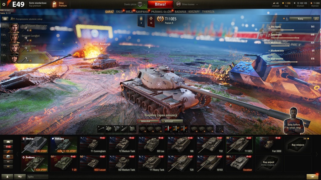 Konto 49 World of tanks WOT T110E5 1300 gold 15M