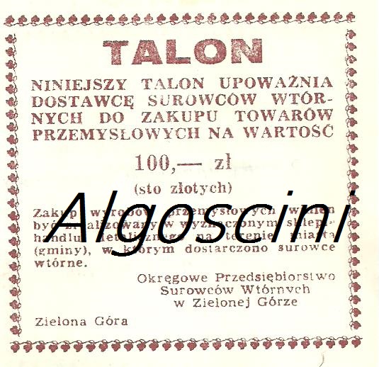 Talon towarowy na 100zł Zielona Góra 1985r