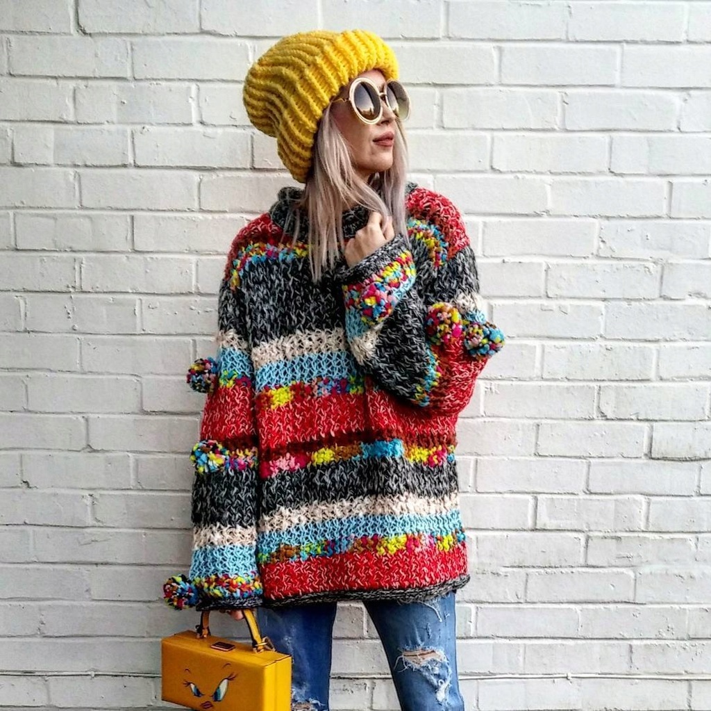 Zara sweter z pomponami jak nowy S kolorowe pasy