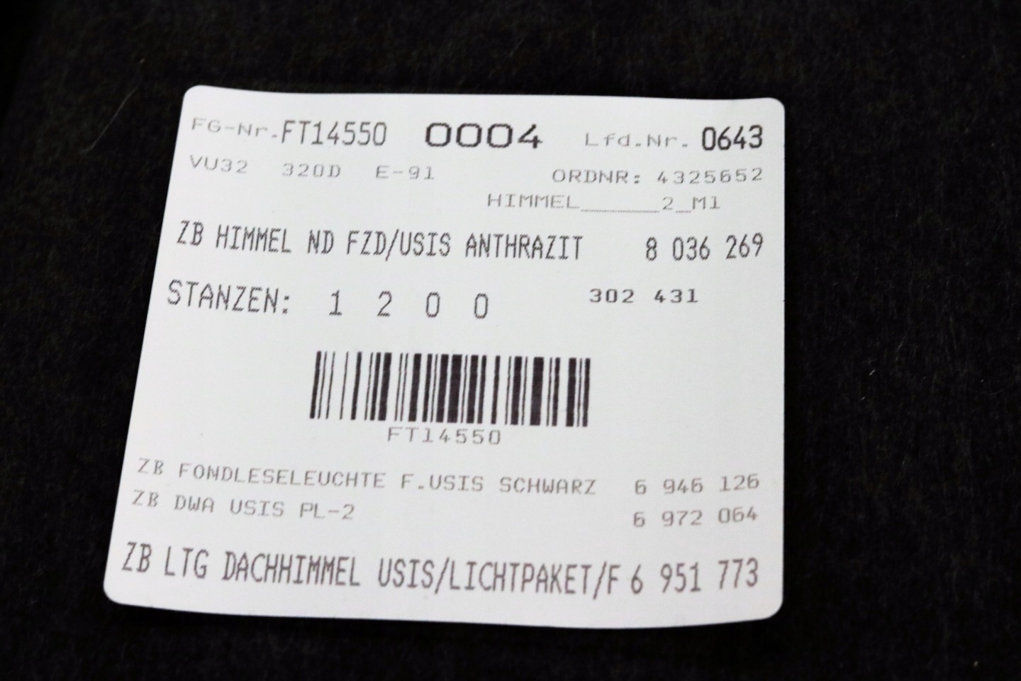 BMW E91 roof upholstery black m-packet, pillars KOMPLET