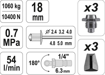 ПНЕВМАТИЧЕСКИЙ ЗАКЛЕПОЧНИК YATO ДЛЯ ЗАКЛЕПОК 2,4-5 мм 1060 кг YT-36171 НАБОР 18 мм