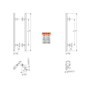 ручка-ручка дверная ручка INOX PR 20X40 800 X 1000 МОНТАЖ ПОД УГЛОМ 45*