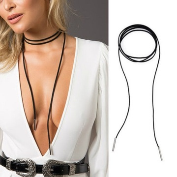 NASZYJNIK CHOKER WRAP RZEMIEŃ CZARNY SREBRNE RURKI