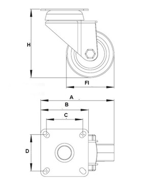 Поворотное колесо fi50 с резиновым подшипником и пластиной