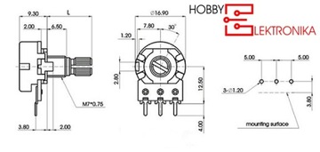 Поворотный потенциометр 100 кОм B линейный l=15 мм