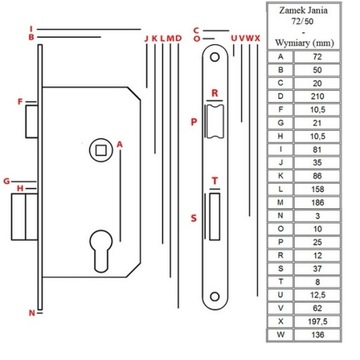 Замок врезной дверной JANIA на 2 ключа 72/50 KEY Z079