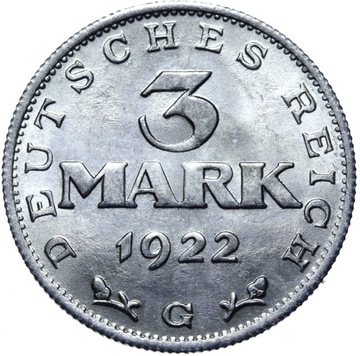 Niemcy - Weimar - moneta - 3 Marki 1922 G - MENNICZA Z ROLKI - UNC