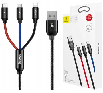 BASEUS MOCNY KABEL USB PRZEWÓD 3w1 do IPHONE MICRO TYP-C USB-C 3.5A 30cm