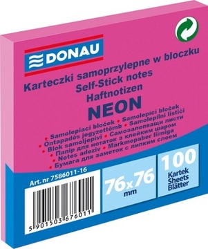 Bloczek Samoprzylepny 76 x 76 mm 100 RÓŻOWY NEON