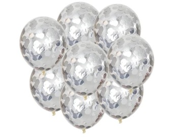 Balony przeźroczyste SREBRNE KONFETTI 8 szt Clear