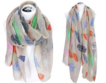 DUŻY SZAL SZALIK BAWEŁNIANY LISCIE CEKINY