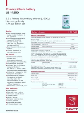 Литиевая батарея SAFT LS14250 3,6 В SL760 1/2AA 14250