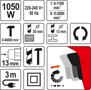 УДАРНАЯ ДРЕЛЬ YATO 1050 Вт, ДВУХСКОРОСТНАЯ YT-82044
