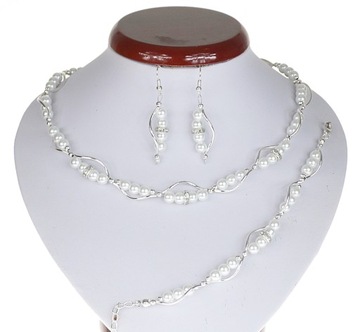 KOMPLET biżuterii WIECZOROWY ślubny perły białe