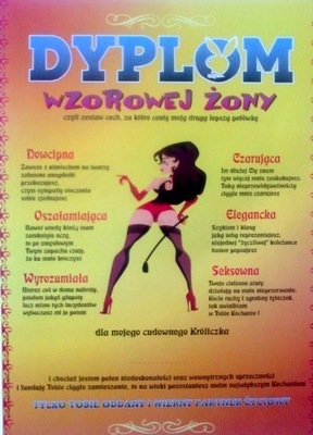 dyplom WZOROWEJ ŻONY prezent PANIEŃSKI 18 30 40 50