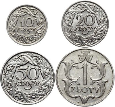 Polska II RP - Zestaw 4 monety 10 20 50 groszy 1923 + 1 złoty 1929 - Nikiel