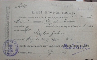 BILET KWATERNICZY DLA NADPORUCZNIKA .1916