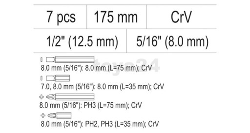 Ударная отвертка, сменное лезвие, 6 насадок CR-V YATO