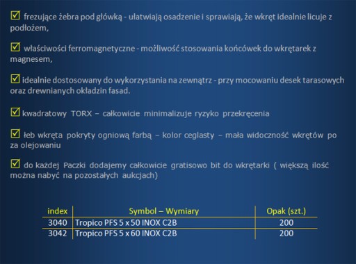 Nierdzewne wkręty tarasowe - do tarasów deski 5x60