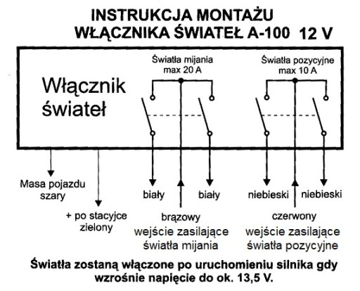 automatyczny włącznik świateł mijania i pozycyjnych 13,5V; 4 wyjścia E20 CE