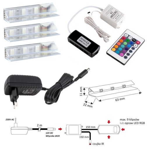 НАБОР 3-POINT: зажим RGB LED для стеклянных полок + блок питания