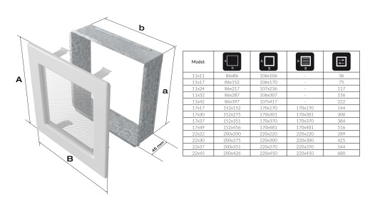 ВЕНТИЛЯЦИОННАЯ КАМИННАЯ РЕШЕТКА 11x11 6 цветов PL