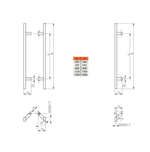 ручка-ручка дверная ручка INOX PR 20X40 800 X 1000 МОНТАЖ ПОД УГЛОМ 45*