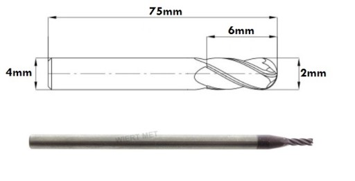 ТВЕРДОСПЛАВНАЯ РЕЗКА FI 2MM 4 ЛЕЗВИЯ 45HRC ТВЕРДОПЛАСНЫЙ 75мм