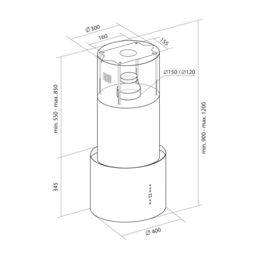 Островная вытяжка Toflesz Cylinder WH, матовая, 40 см, 850 м3/ч