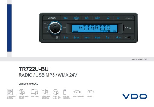 VDO TR722U-BU Автомагнитола 24В для TIR и MP3 USB AUX