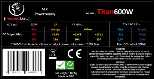 Компьютерный блок питания Rebeltec ver 2.31 TITAN 600W
