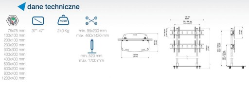 Edbak TR6.22 Подставка для ЖК-дисплея и светодиодной подсветки на 4 телевизора 37-55 120 кг 183 см