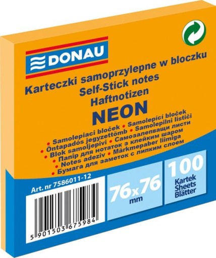 KARTECZKI SAMOPRZYLEPNE W BLOCZKU 76x76mm, 100 KARTEK, POMARAŃCZOWE NEONOWE