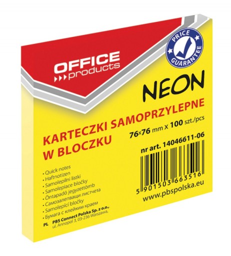BLOCZEK SAMOPRZYLEPNY 76x76mmX100 NEON ŻÓŁTY