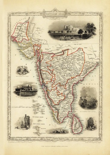 INDIE Hajdarabad mapa ilustrowana 1851 r. płótno