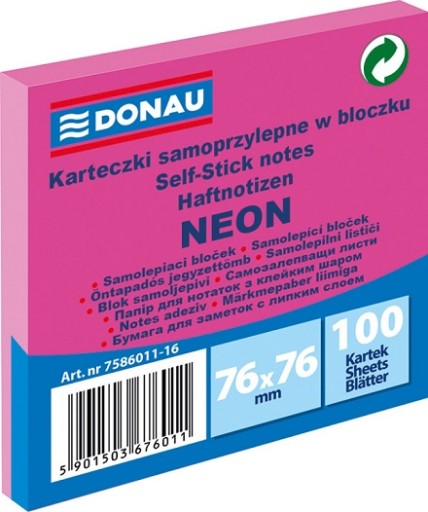 Bloczek Samoprzylepny 76 x 76 mm 100 RÓŻOWY NEON