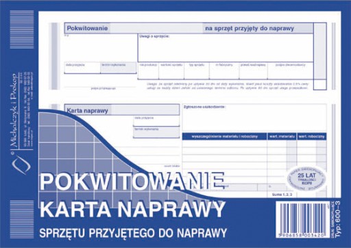 Pokwitowanie karta naprawy przyjętego sprzętu wielokopia A5 80 kartek 600-3