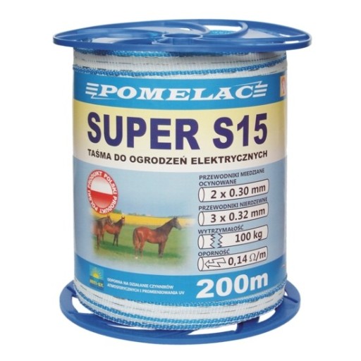 PASTUCH TAŚMA OGRODZENIOWA DLA KONI POMELAC SUPER S-15 MM/200 OPÓR 0,14 Ohm