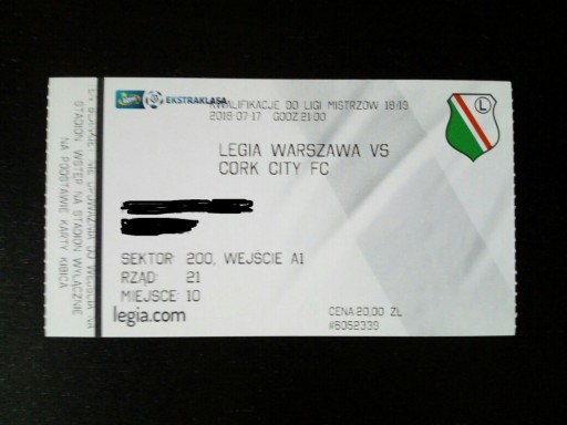 Zdjęcie oferty: Bilet Legia Warszawa - Cork City 17.07.2018