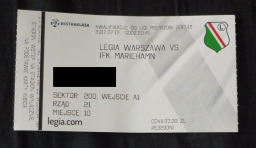 Zdjęcie oferty: bilet Legia Warszawa - IFK Mariehamn 19.07.2017